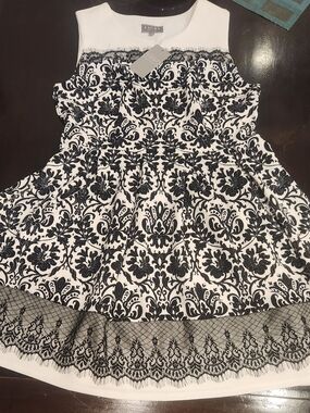 Laura Ashley Petites  Black and White Lace-Trim Fit & Flare Dress
